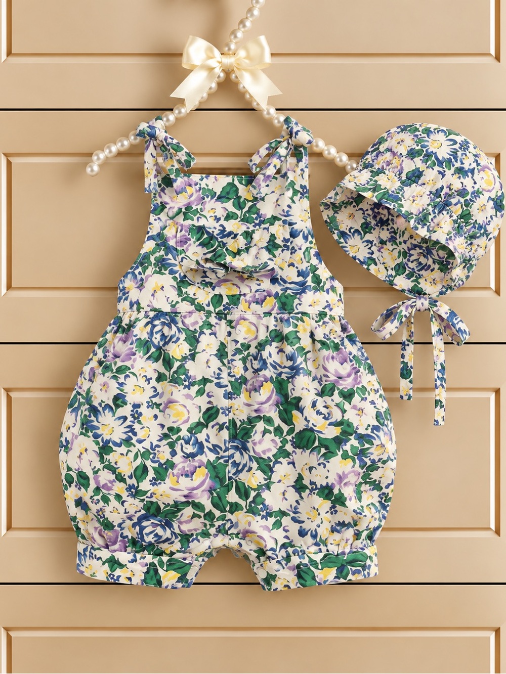 Vintage Don’t Ask Why Denim Floral Overalls 24 Mo Matching Hat Bubble Pockets